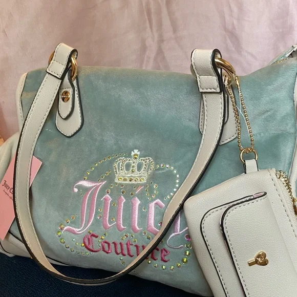 Y2K Juicy Couture Blue and Cream Shoulder Tote Bag - Picture 3 of 4